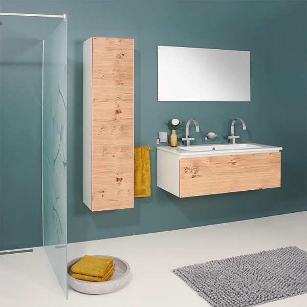 Badmöbel-Set ELA Korpus Weiß Front Eiche Furnier Hell 1210mm mit Hochschrank