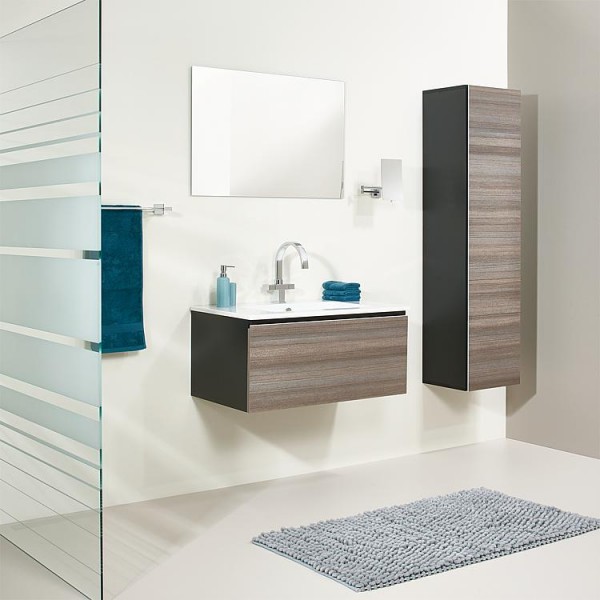 Badmöbel-Set ELA Korpus Schwarz Front Teak 910mm mit Hochschrank Anschlag rechts