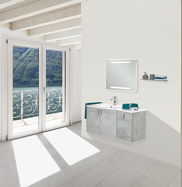 Badmöbel-Set EBAMO Serie MBG Eiche grauSteindekor Ablage rechts