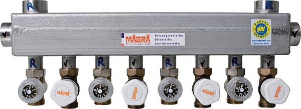 Edelstahl-Verteiler 60/60 mit mont. Ventilen und Rondo- Abgleichventil für 4 Heizgruppen