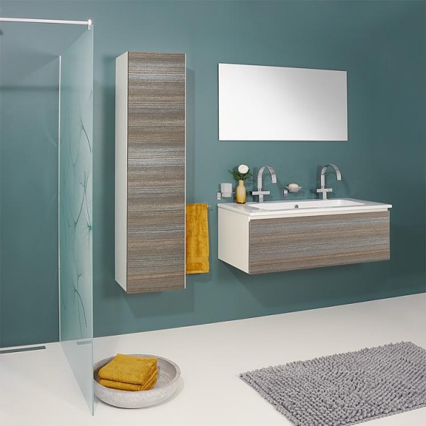 Badmöbel-Set ELA Korpus Weiß Front Teak1210mm mit Hochschrank Anschlag rechts