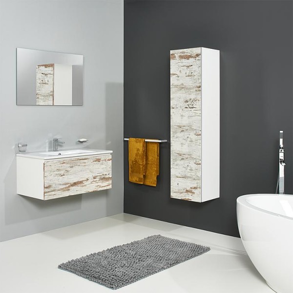 Badmöbel-Set ELA Korpus Weiß Front Lärche Weiß Used 910mm mit Hochschrank Anschlag rechts