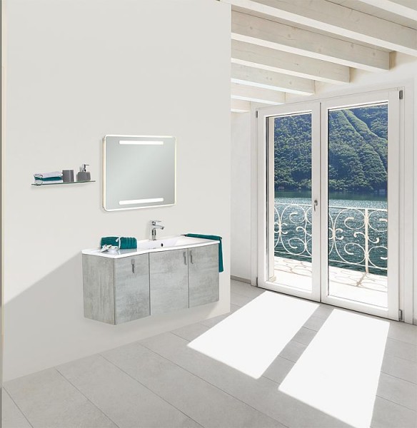 Badmöbel-Set EBAMO Serie MBG Eiche grauSteindekor Ablage links