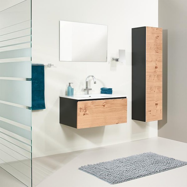 Badmöbel-Set ELA Korpus Schwarz Front Eiche Furnier Hell 910mm mit Hochschrank