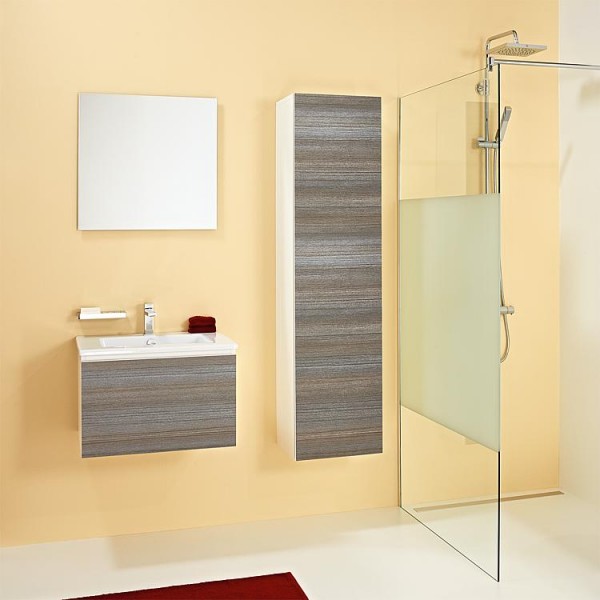 Badmöbel-Set ELA Korpus Weiß Front Teak610mm mit Hochschrank Anschlag rechts