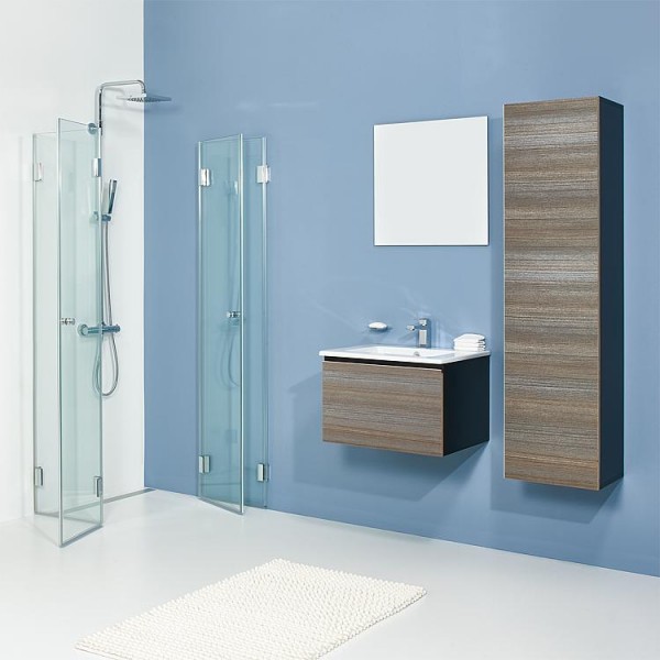 Badmöbel-Set ELA Korpus Schwarz Front Teak 610mm mit Hochschrank Anschlag rechts