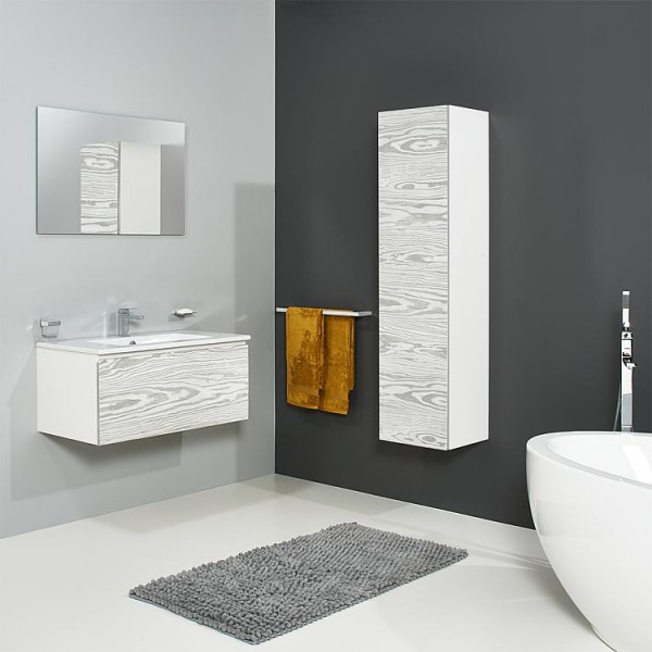 Badmöbel-Set ELA Korpus Weiß Front Kiefer Silbergrau 910mm mit Hochschrank Anschlag rechts
