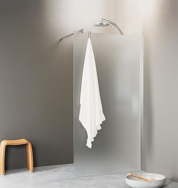 Walk-In Glasdus. mit ETC und Wandprofil+Stabi.-Stange rund, 1580x2000x8mm Satinato Weißglas