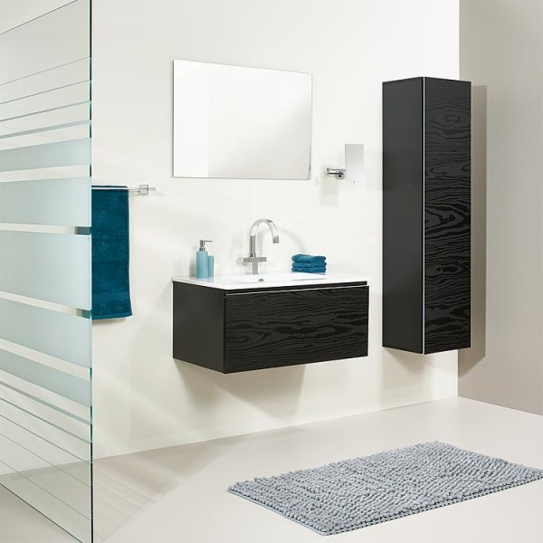 Badmöbel-Set ELA Korpus Schwarz Front Seekiefer Schwarz 910mm mit Hochschrank Anchlag rechts