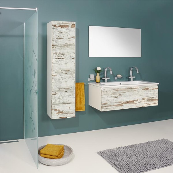 Badmöbel-Set ELA Korpus Weiß Front Lärche Weiß Used 1210mm mit Hochschrank Anschlag rechts