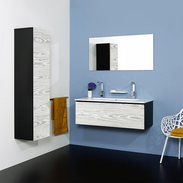 Badmöbel-Set ELA Korpus Schwarz Front Kiefer Silbergrau 1210mm mit Hochschrank Anschlag rechts