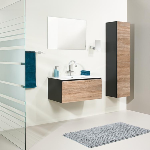 Badmöbel-Set ELA Korpus Schwarz Front Eiche Sägerau 910mm mit Hochschrank