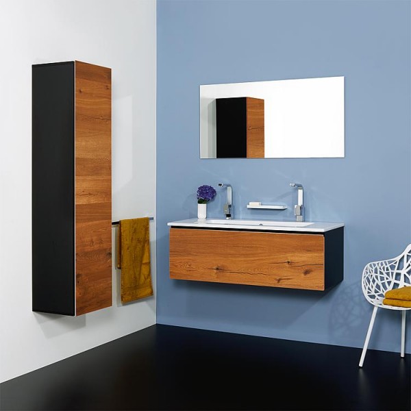 Badmöbel-Set ELA Korpus Schwarz Front Eiche Furnier Dunkel 1210mm mit Hochschrank