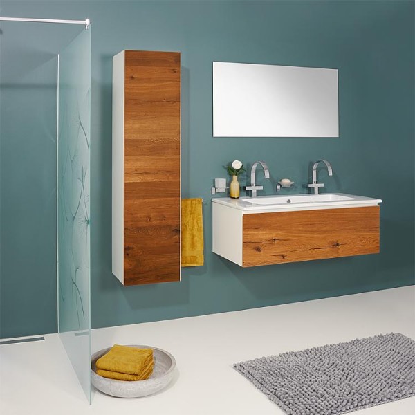 Badmöbel-Set ELA Korpus Weiß Front Eiche Furnier Dunkel 1210mm mit Hochschrank