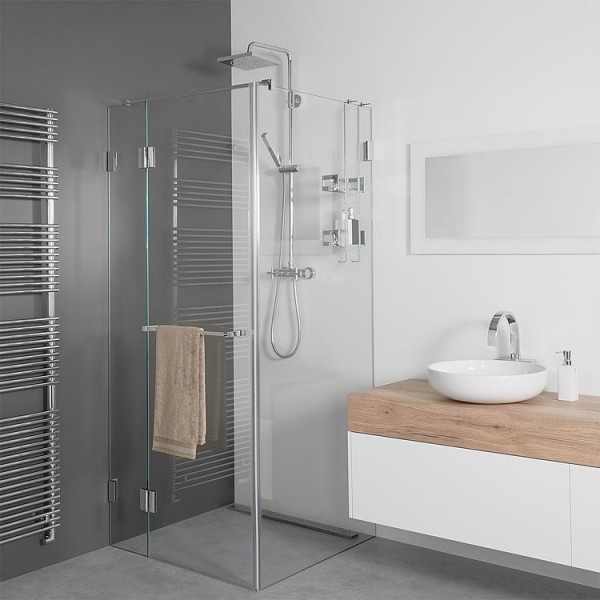 Eckduschkabine Farfalla m. Hand- tuchst.,1 Tür links+2 Fixteile 870x870x2000x8mm,mit ETC