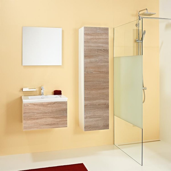 Badmöbel-Set ELA Korpus Weiß Front Eiche Sägerau 610mm mit Hochschrank