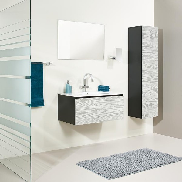 Badmöbel-Set ELA Korpus Schwarz Front Kiefer Silbergrau 910mm mit Hochschrank Anschlag rechts