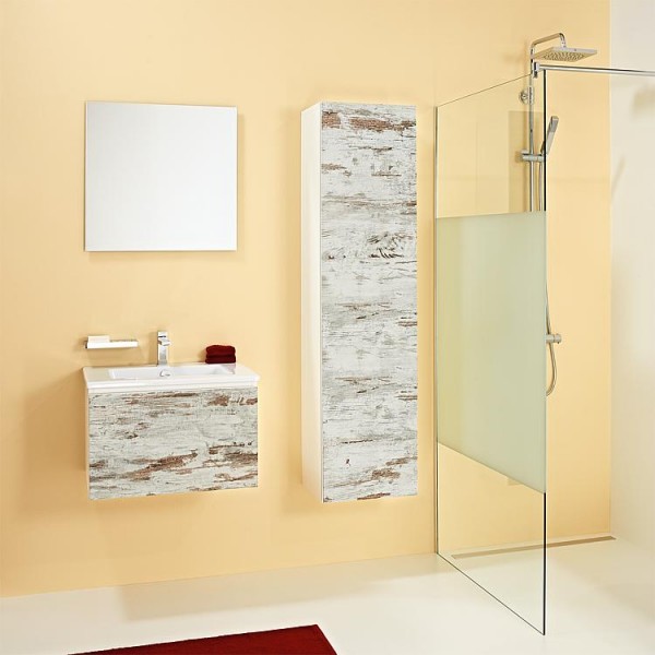 Badmöbel-Set ELA Korpus Weiß Front Lärche Weiß Used 610mm mit Hochschrank Anschlag rechts