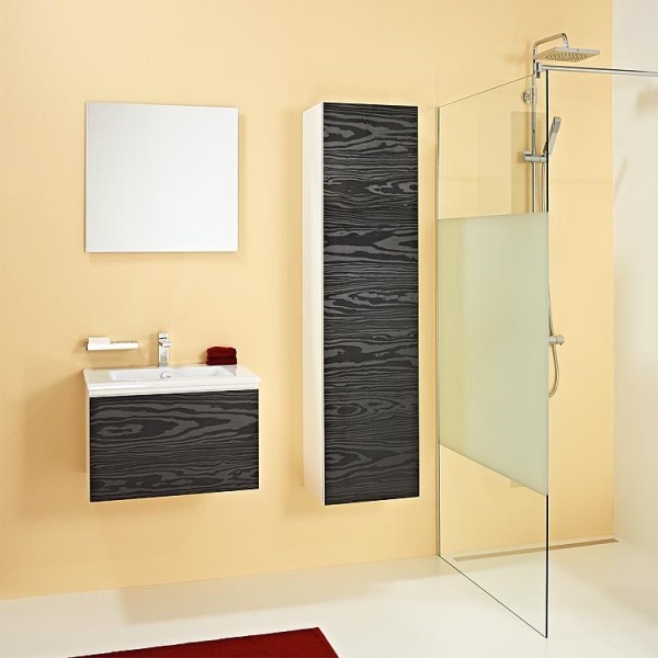 Badmöbel-Set ELA Korpus Weiß Front Seekiefer Schwarz 610mm mit Hochschrank Anschlag links