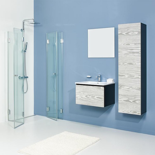 Badmöbel-Set ELA Korpus Schwarz Front Kiefer Silbergrau 610mm mit Hochschrank Anschlag links