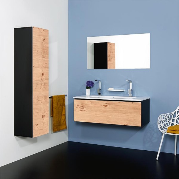 Badmöbel-Set ELA Korpus Schwarz Front Eiche Furnier Hell 1210mm mit Hochschrank