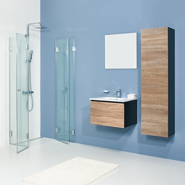 Badmöbel-Set ELA Korpus Schwarz Front Eiche Sägerau 610mm mit Hochschrank