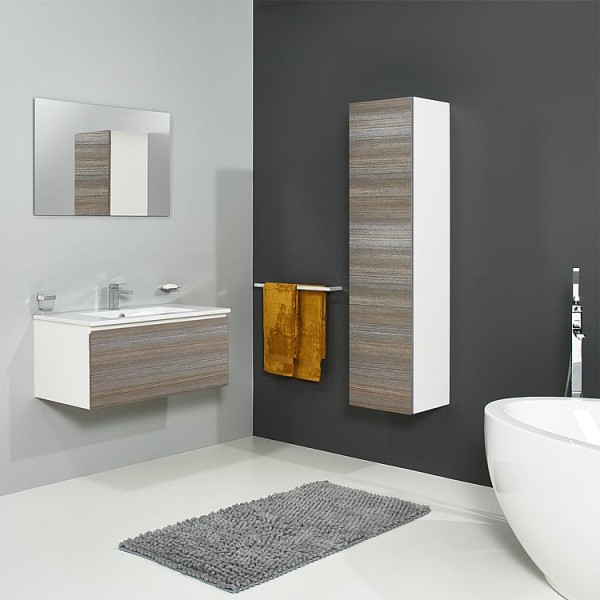 Badmöbel-Set ELA Korpus Weiß Front Teak910mm mit Hochschrank Anschlag rechts