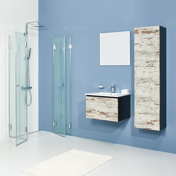 Badmöbel-Set ELA Korpus Schwarz Front Lärche Weiß Used 610mm mit Hochschrank Anschlag links