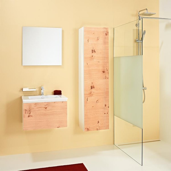 Badmöbel-Set ELA Korpus Weiß Front Eiche Furnier Hell 610mm mit Hochschrank