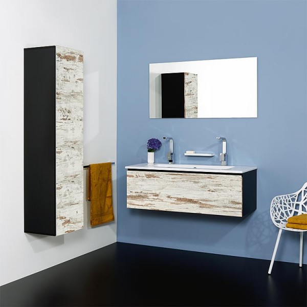 Badmöbel-Set ELA Korpus Schwarz Front Lärche Weiß Used 1210mm mit Hochschrank Anchlag rechts