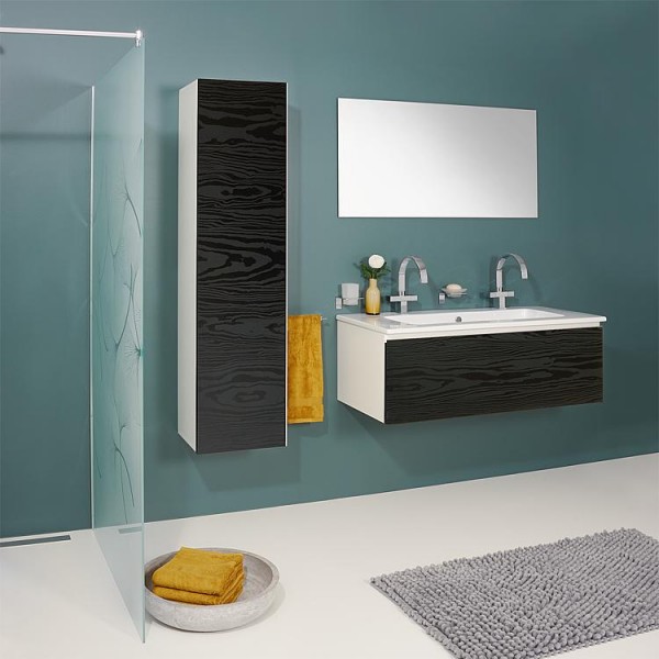 Badmöbel-Set ELA Korpus Weiß Front Seekiefer Schwarz 1210mm mit Hochschrank Anschlag links