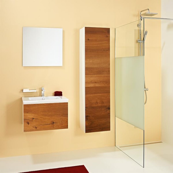 Badmöbel-Set ELA Korpus Weiß Front Eiche Furnier Dunkel 610mm mit Hochschrank