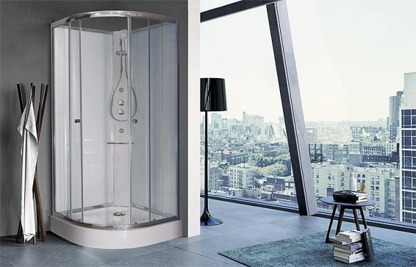 Komplettdusche Basic, 1/4-Kreis, 900x900x2110mm,R=550,Thermostat- mischer+Hand/Seitenbrause