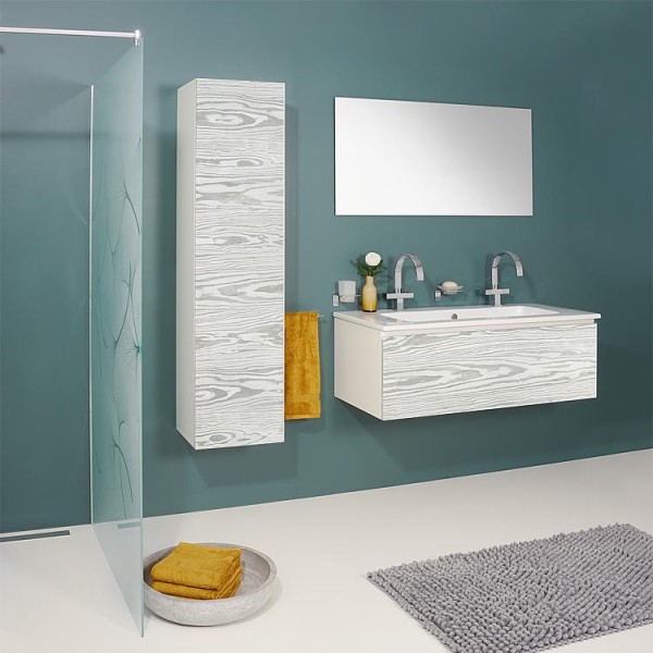 Badmöbel-Set ELA Korpus Weiß Front Kiefer Silbergrau 1210mm mit Hochschrank Anschlag links