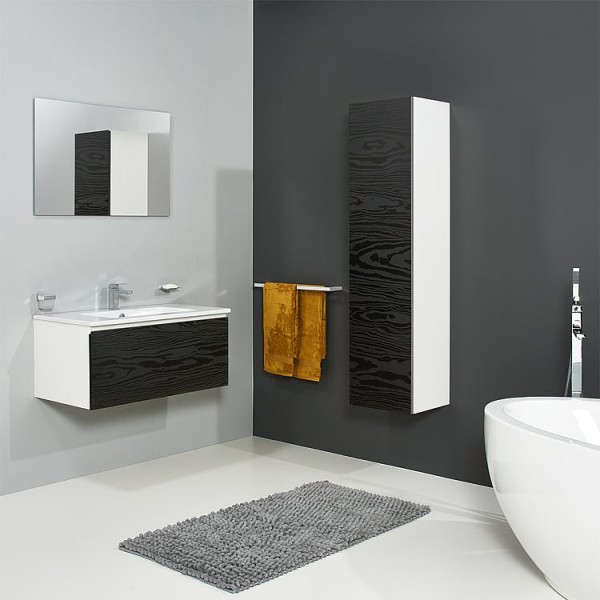 Badmöbel-Set ELA Korpus Weiß Front Seekiefer Schwarz 910mm mit Hochschrank Anschlag links